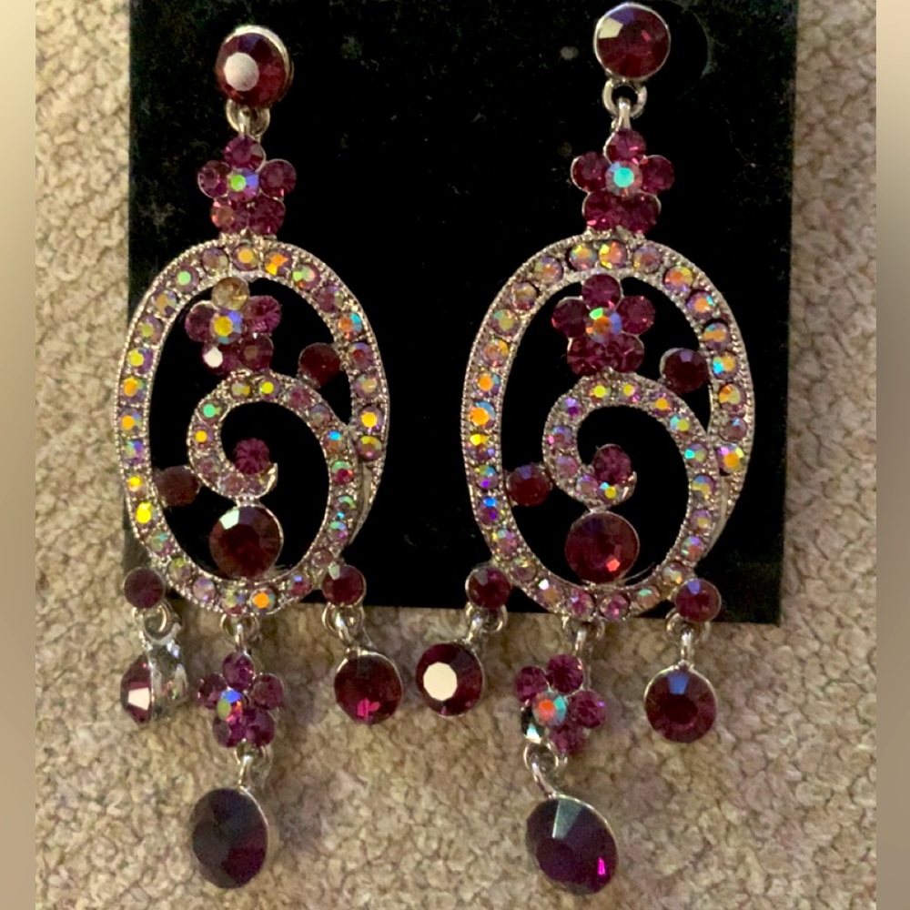 Beautiful chandelier purple/amethyst and AB stone prom or pageant earrings.